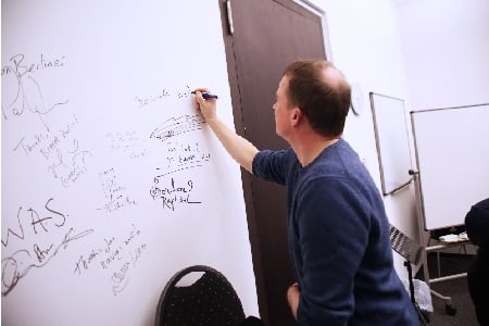 Wyndham Wallace drawing on a board at BIMM Institute masterclass