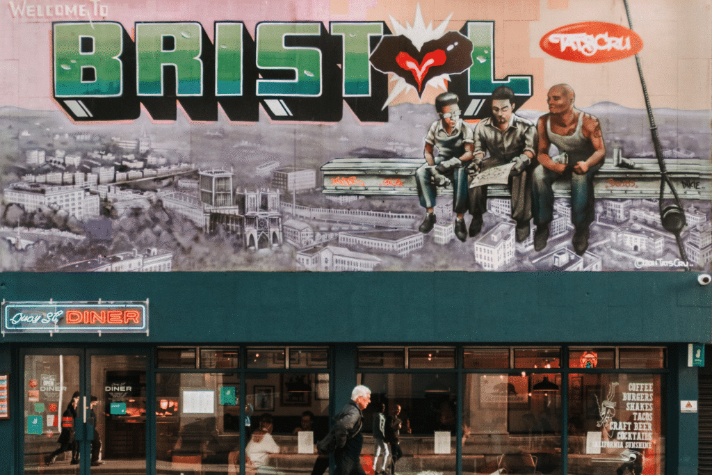 Graffiti over a diner, reading 'Welcome to Bristol'
